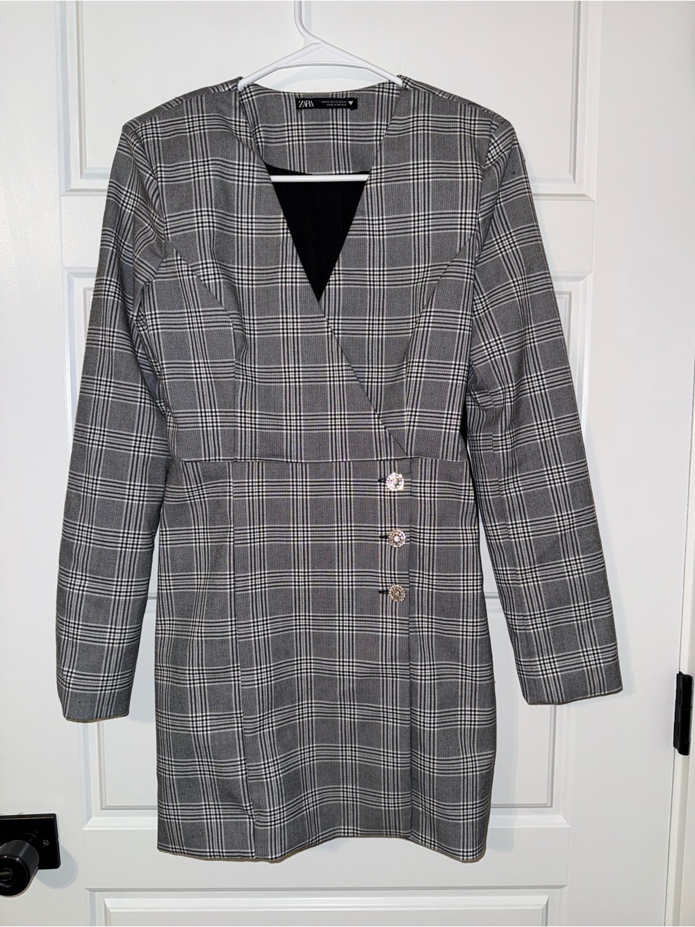 Zara Gray Plaid Wrap-Style Blazer Dress with Button Accents